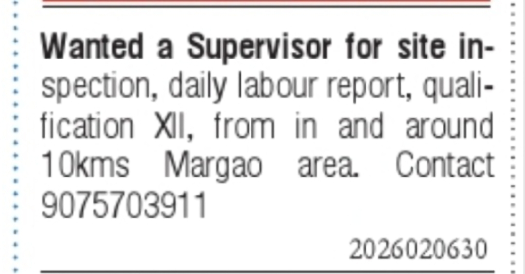 Site Supervisor Required – Margao, Goa