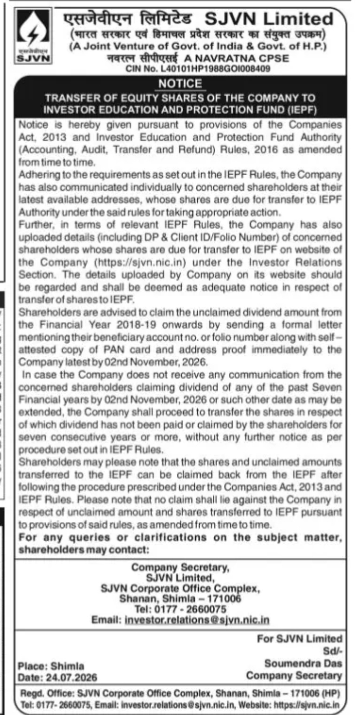 SJVN Limited – Notice for Transfer of Equity Shares to IEPF