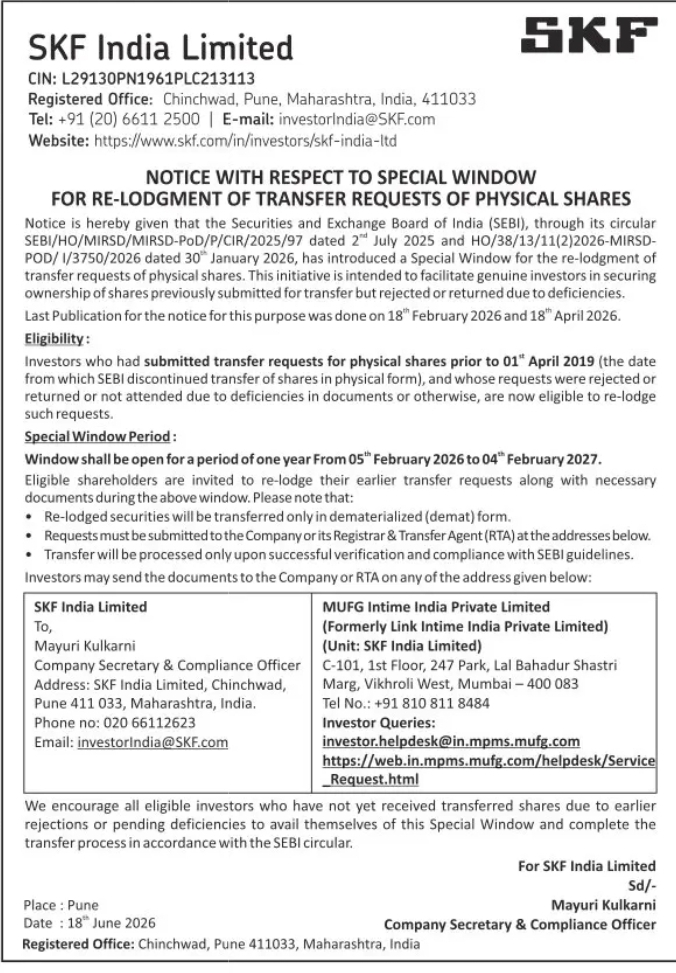 SKF India Limited – Notice on Special Window for Re-lodgment of Transfer Requests of Physical Shares