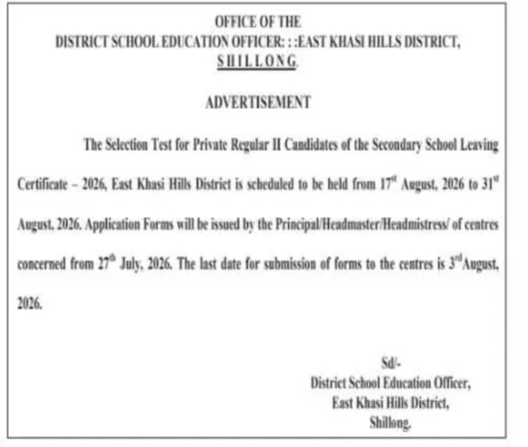 SLC Selection Test 2026 for Private Regular Candidates – East Khasi Hills District, Shillong