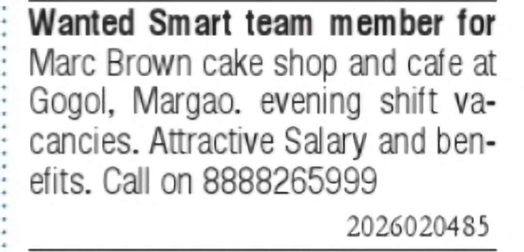 Smart Team Member Required – Brown Cake Shop