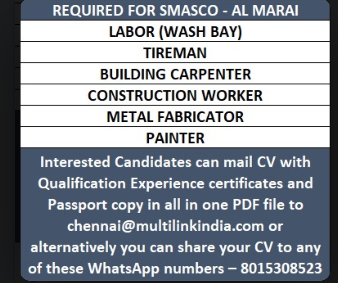 SMASCO - Al Marai is hiring for the following positions in Saudi Arabia: