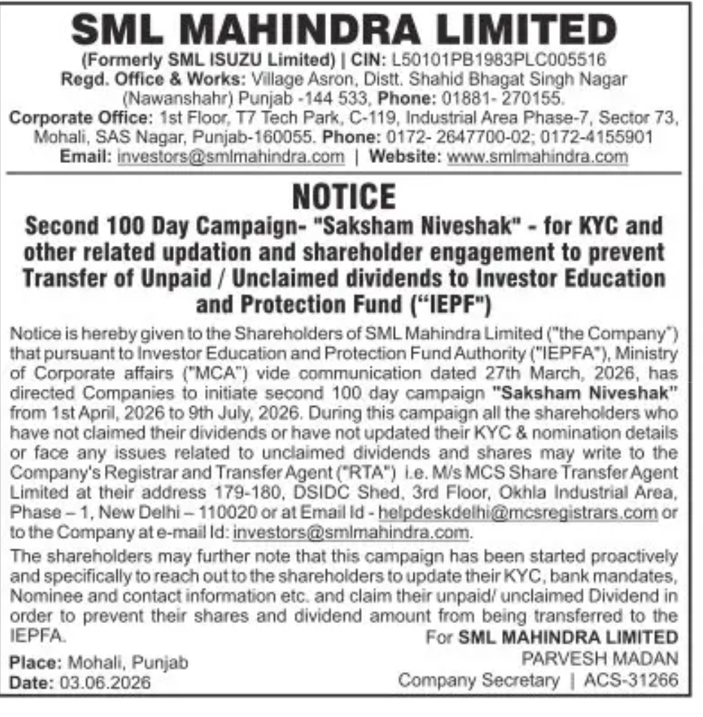SML Mahindra Limited – “Saksham Niveshak” 100-Day Campaign Notice