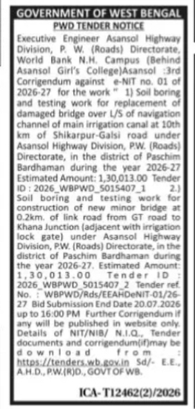 Soil Boring & Testing Works – Asansol Highway Division
