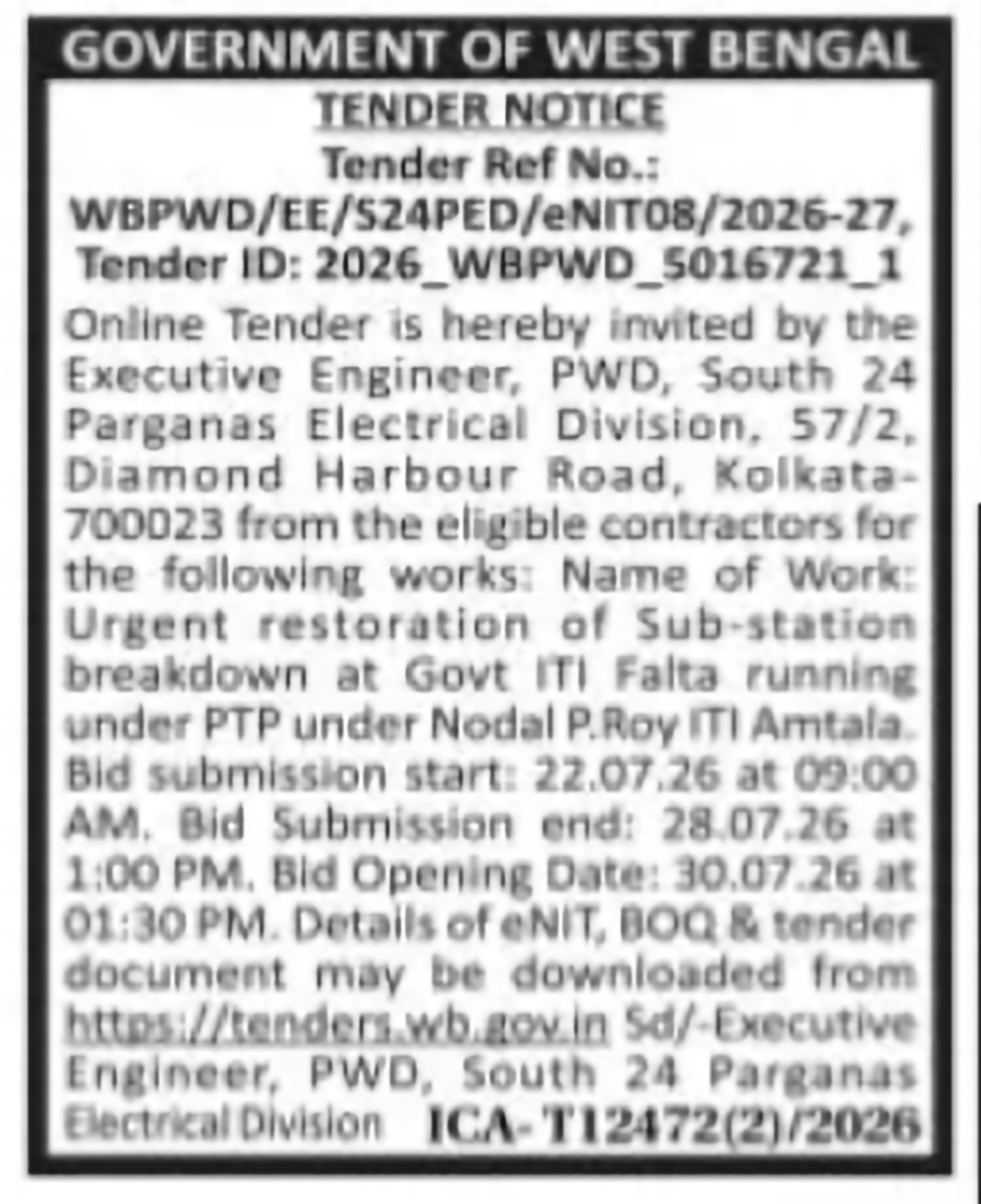 South 24 Parganas Electrical Division Restoration Work Tender