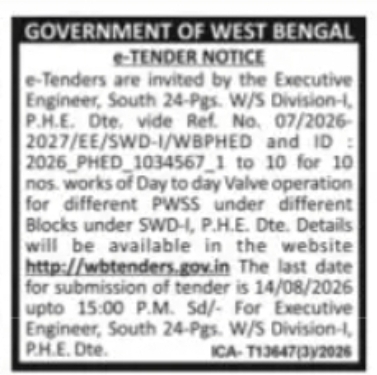 South 24 Parganas PHE e-Tender – Valve Operation Works