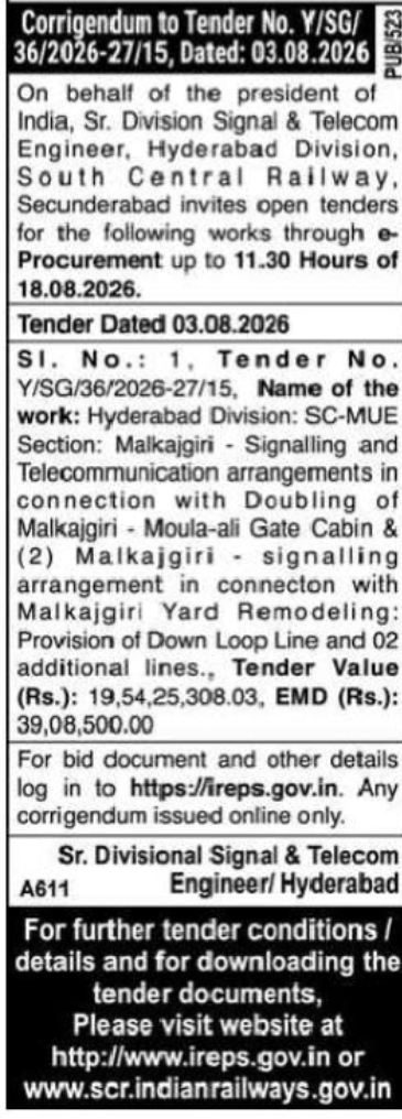 South Central Railway Corrigendum – Signalling & Telecommunication Works at Hyderabad Division