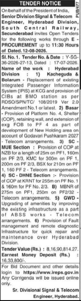 South Central Railway e-Tender Notification – Hyderabad Division Signal & Telecom Works