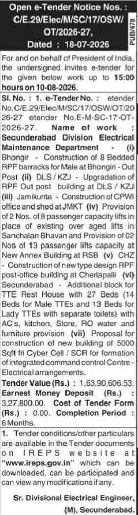 South Central Railway e-Tender Notification – Secunderabad Division Electrical Maintenance Department