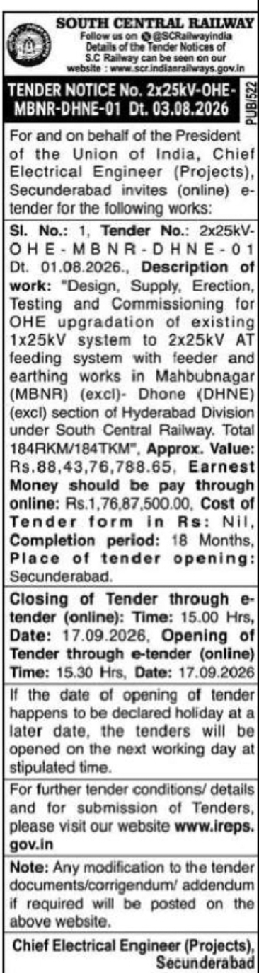 South Central Railway Invites E-Tender for OHE Upgradation Work – Mahbubnagar to Dhone