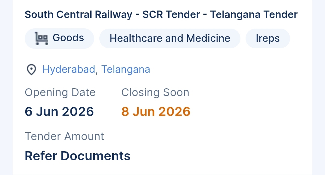 South Central Railway - SCR Tender - Telangana Tender