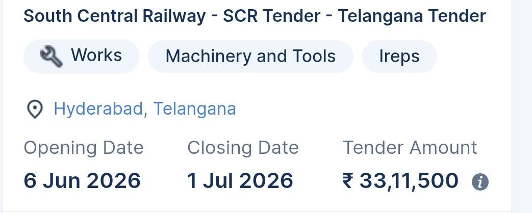 South Central Railway - SCR Tender - Telangana Tender