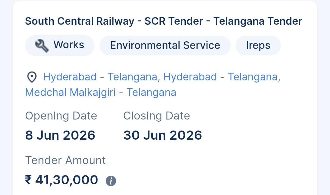 South Central Railway - SCR Tender - Telangana Tender