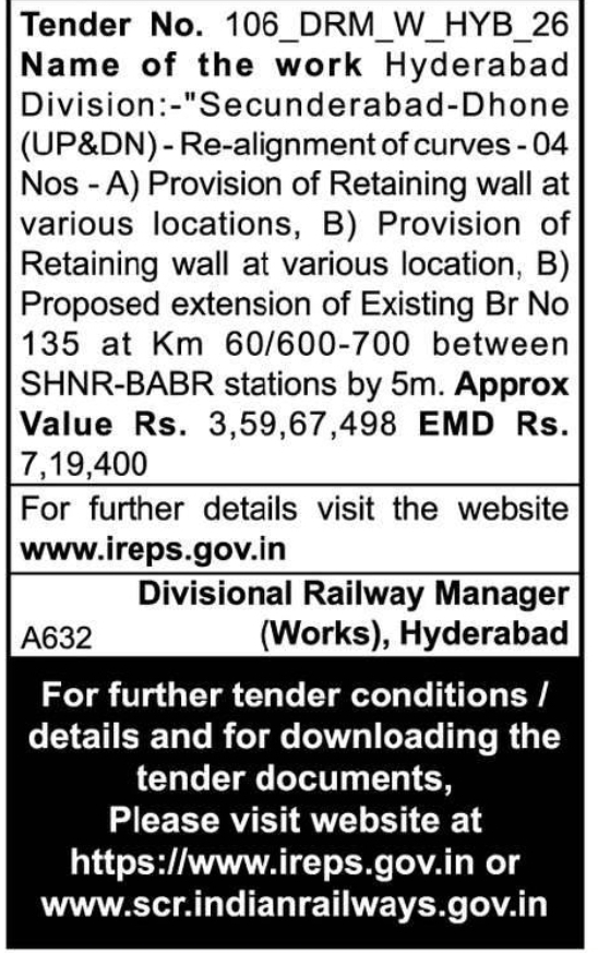 South Central Railway Tender – Secunderabad-Dhone Section Works