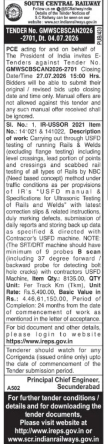 South Central Railway – USFD Testing Work Tender