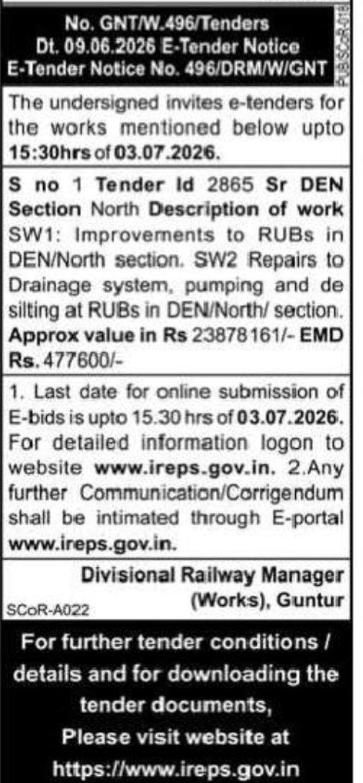 SOUTH COAST RAILWAY – GUNTUR DIVISION E-Tender Notice No. 496/DRM/WIGNT