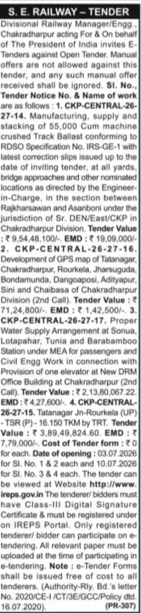 South Eastern Railway – Chakradharpur Division E-Tender Notice (Open Tender)