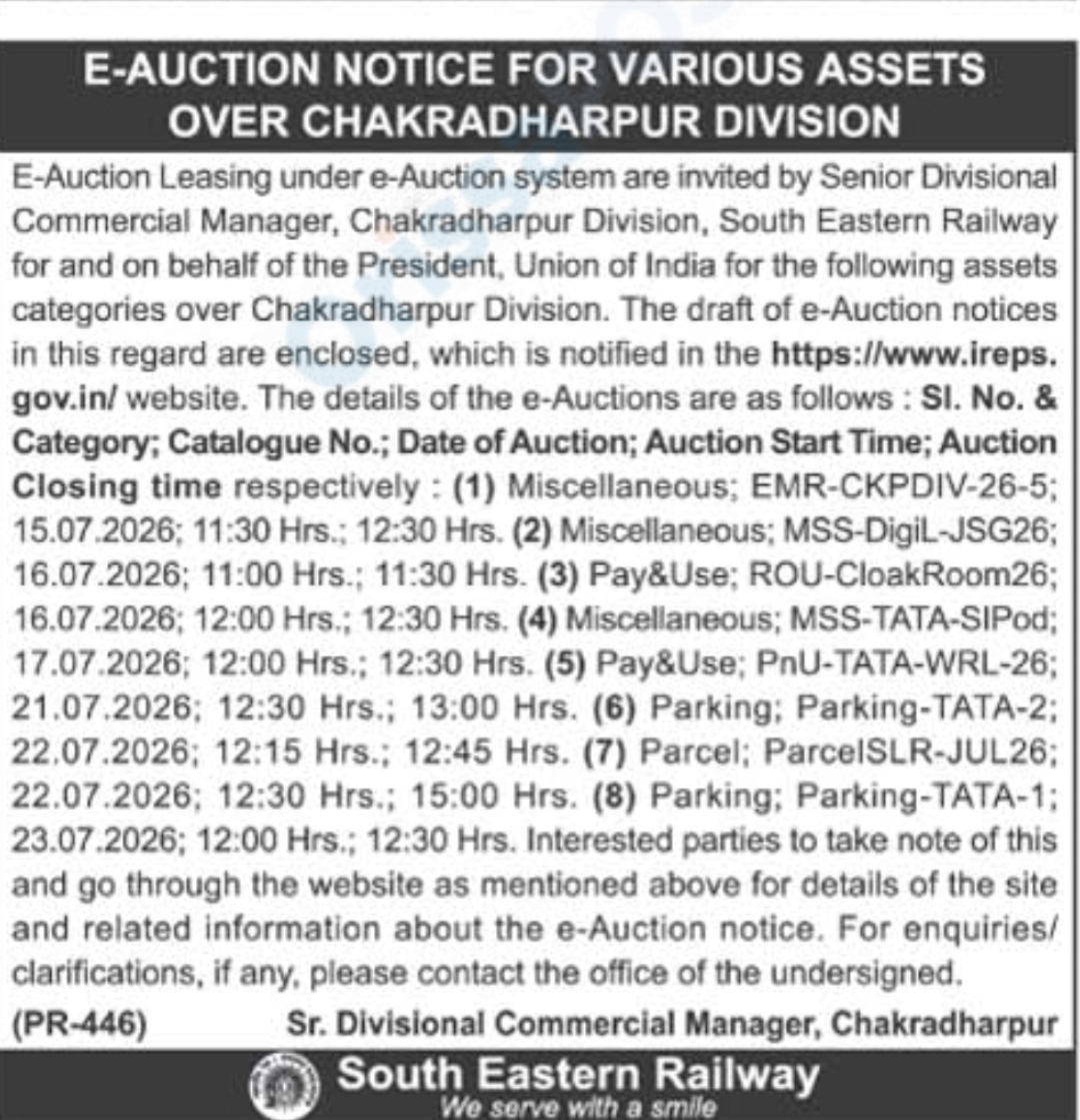 South Eastern Railway E-Auction Notice for Various Commercial Assets