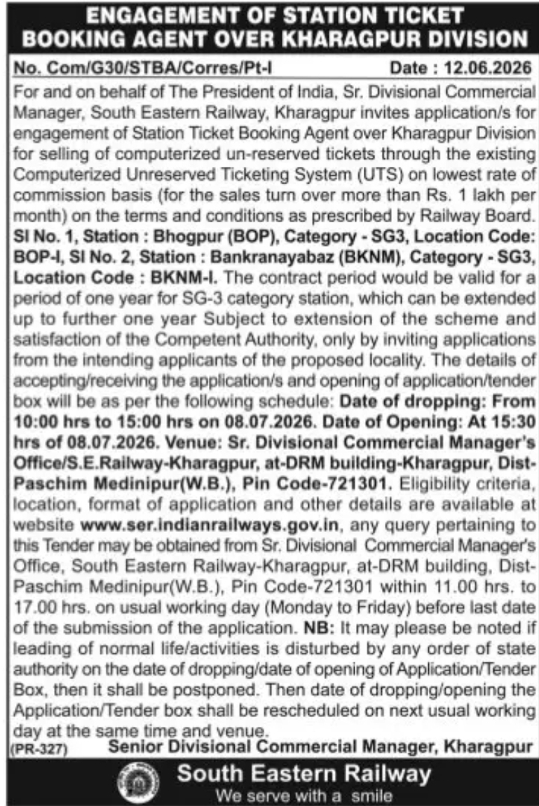 South Eastern Railway – Engagement of Station Ticket Booking Agent (STBA) 2026