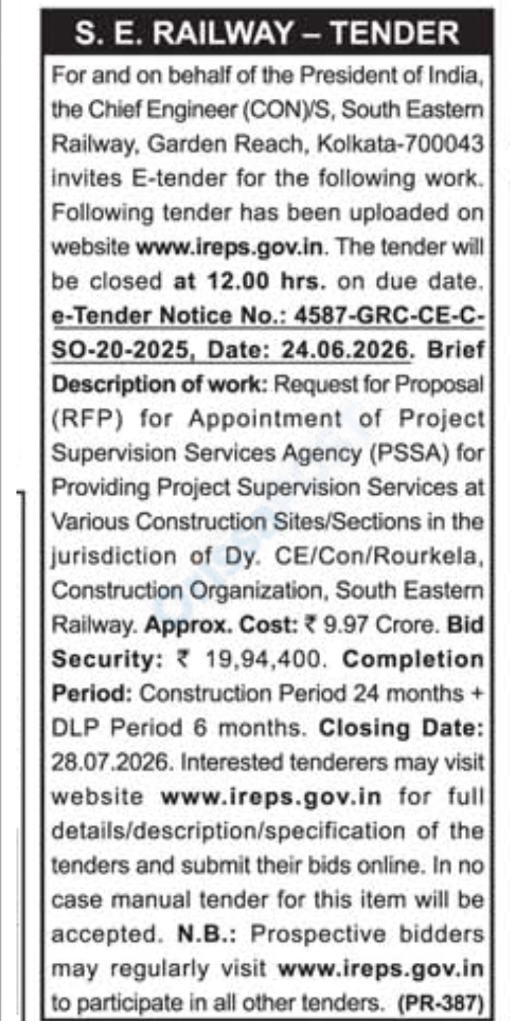 South Eastern Railway Invites E-Tender for Project Supervision Services