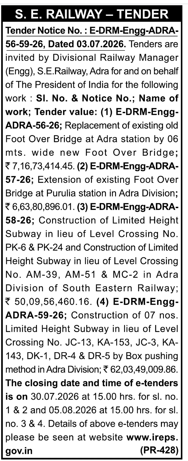 South Eastern Railway Invites E-Tenders for Foot Over Bridges & Limited Height Subway Works