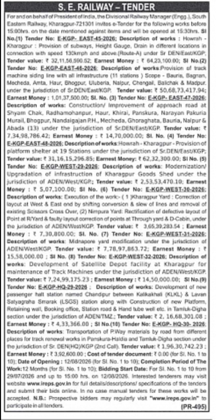 South Eastern Railway Invites E-Tenders for Infrastructure and Development Works