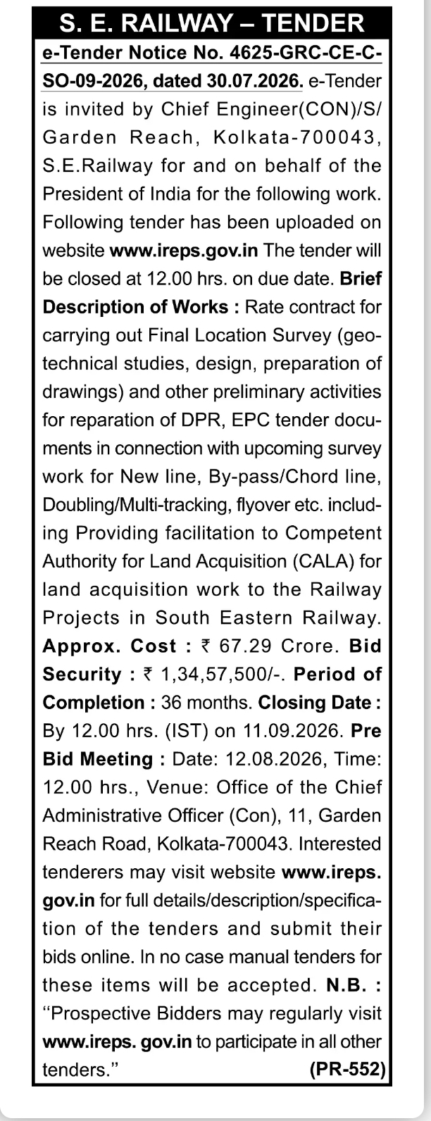 South Eastern Railway Invites ₹67.29 Crore Tender for Survey & DPR Consultancy Works