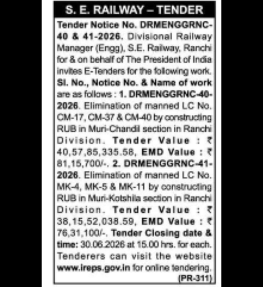 South Eastern Railway (Ranchi Division) Tender Notice No. DRMENGGRNC-40-2026