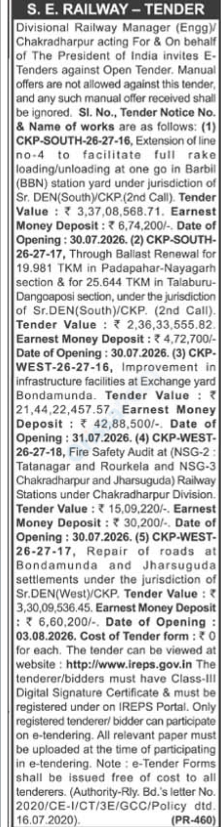 South Eastern Railway Tender Notice – Chakradharpur Division