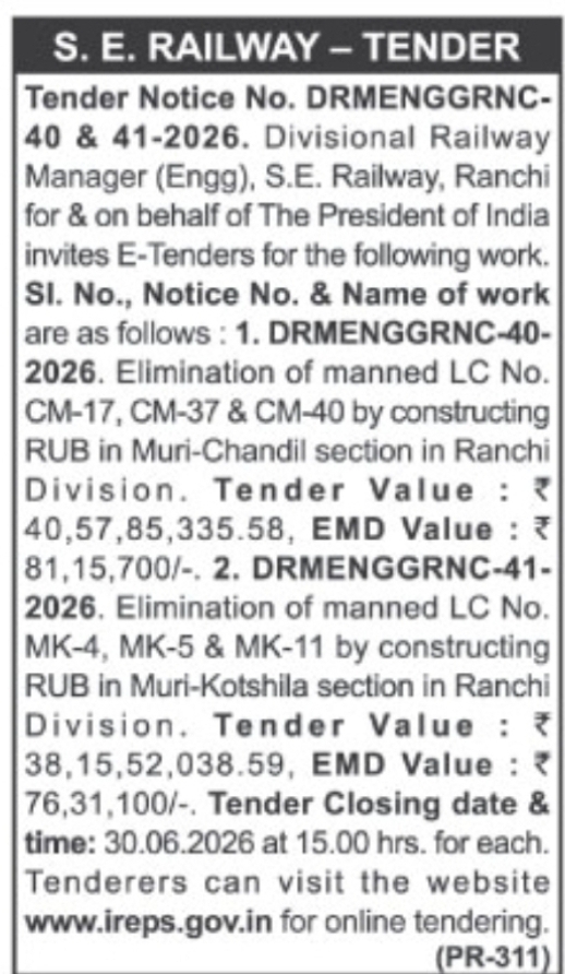 South Eastern Railway Tender Notice (Ranchi Division)