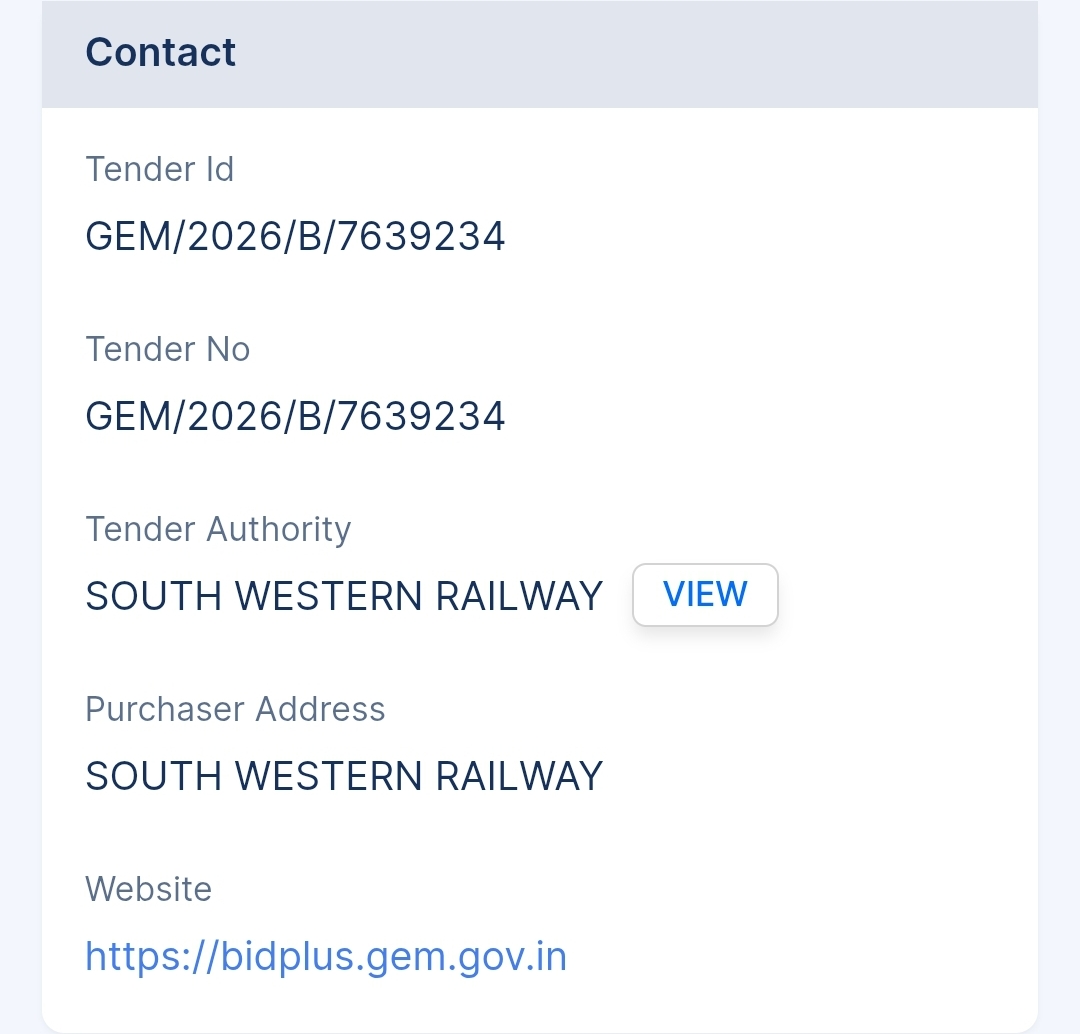 South Western Railway - SWR Tender - Karnataka Tender