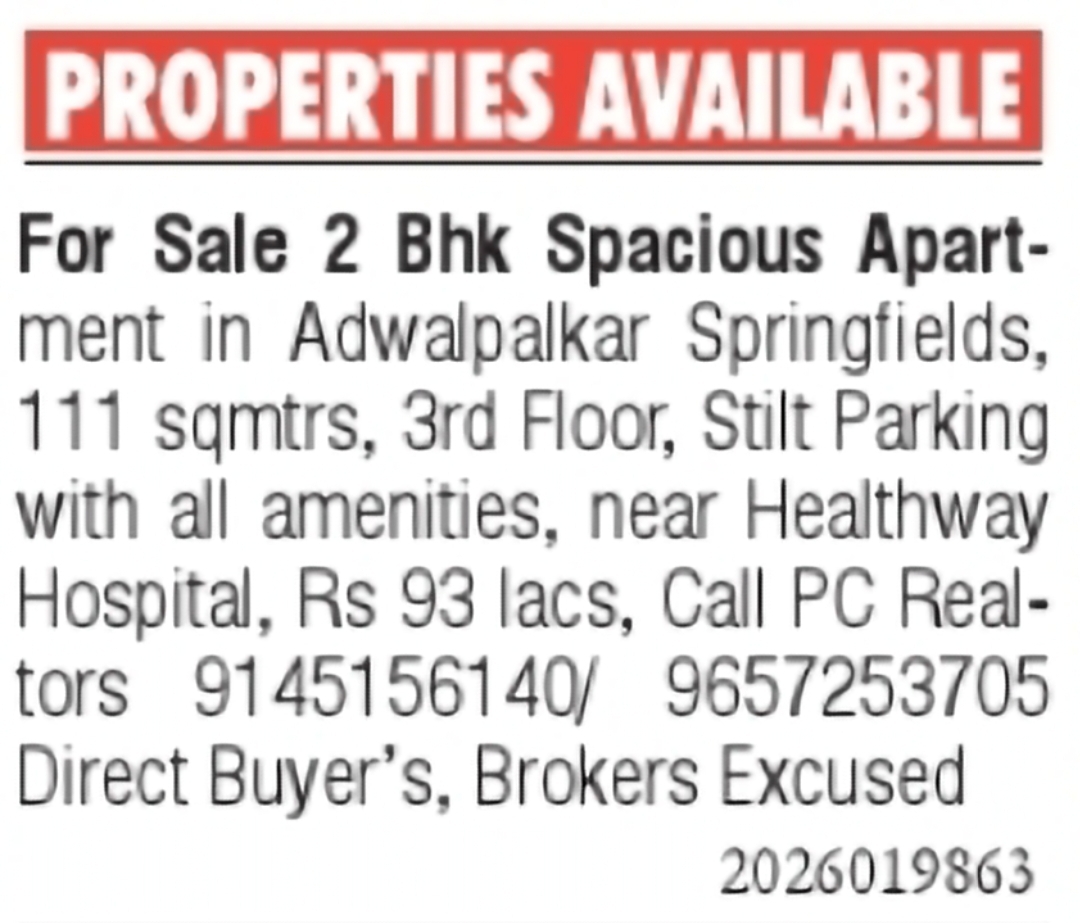 Spacious 2 BHK Apartment for Sale in Adwalpalkar Springfields