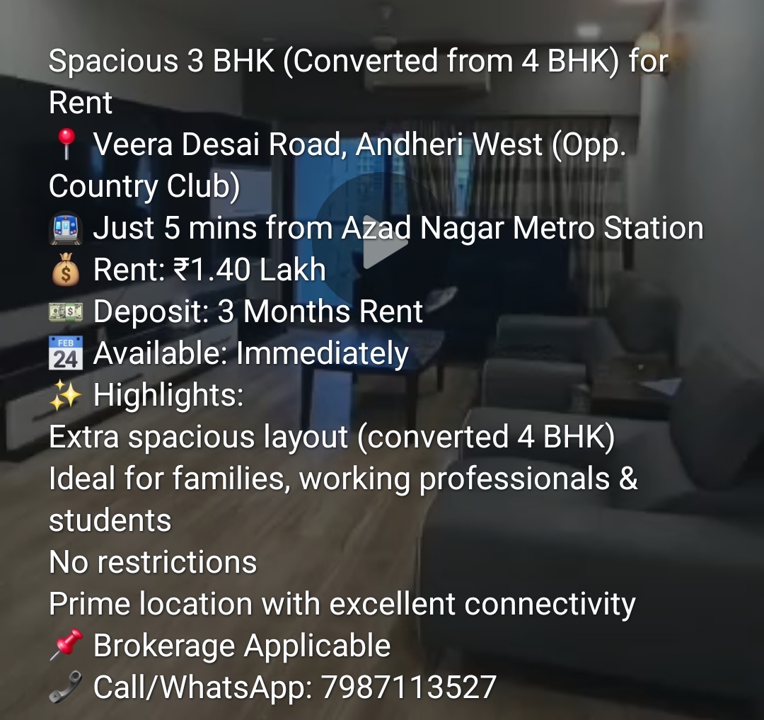 Spacious 3 BHK (Converted from 4 BHK) for Rent