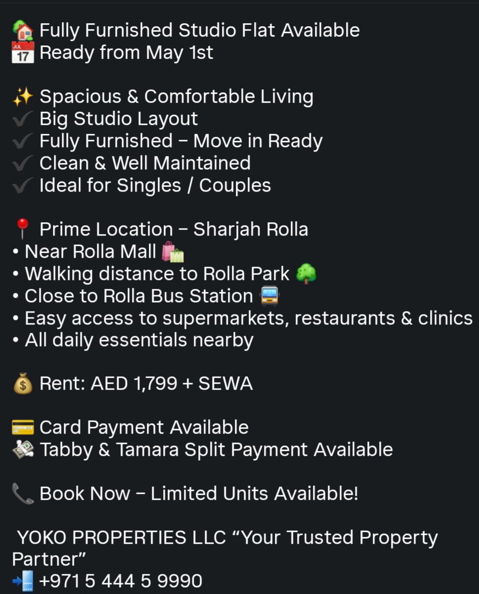 Spacious Furnished Studio | Rolla, Sharjah