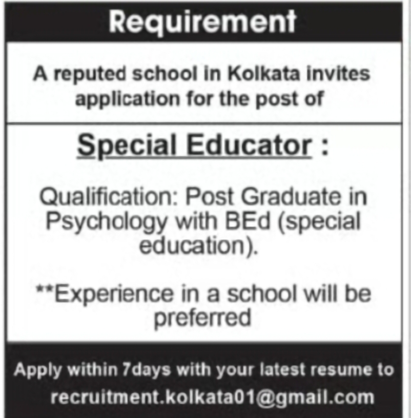 Special Educator – Reputed School, Kolkata