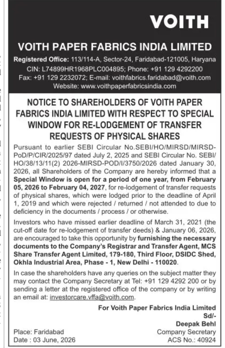 Special Window for Re-lodgement of Physical Share Transfer Requests