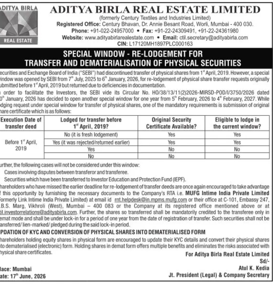 SPECIAL WINDOW FOR RE-LODGEMENT OF TRANSFER AND DEMATERIALISATION OF PHYSICAL SECURITIES