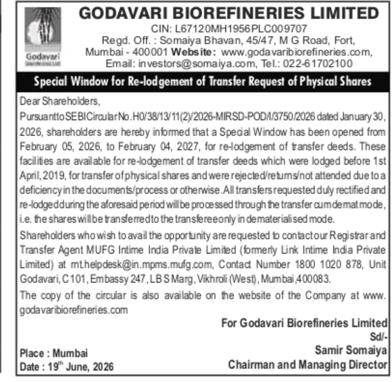 SPECIAL WINDOW FOR RE-LODGEMENT OF TRANSFER REQUESTS OF PHYSICAL SHARES