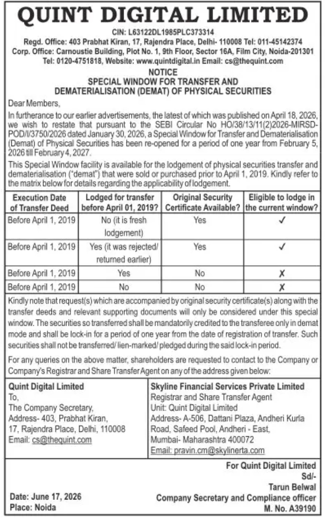 Special Window for Transfer and Dematerialisation (Demat) of Physical Securities – Notice