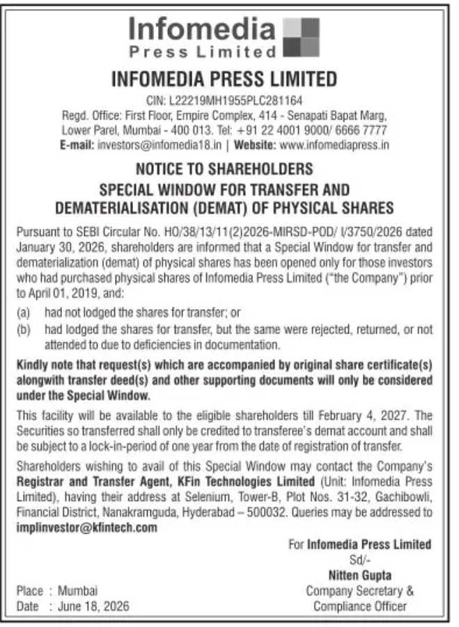 Special Window for Transfer and Dematerialisation (Demat) of Physical Shares – Infomedia Press Limited, Mumbai
