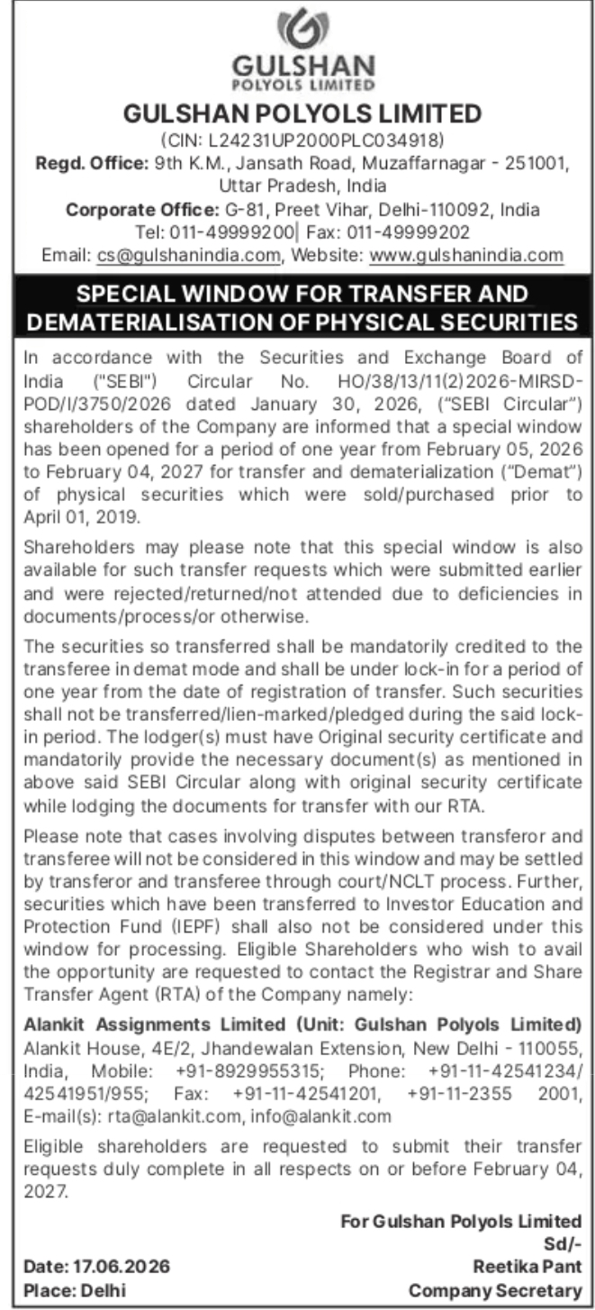 Special Window for Transfer and Dematerialisation of Physical Securities – Gulshan Polyols Limited