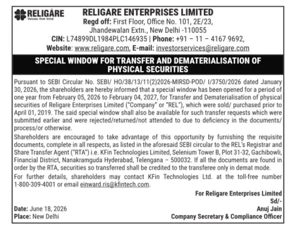 Special Window for Transfer and Dematerialisation of Physical Securities – Religare Enterprises Limited