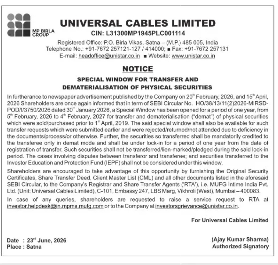 Special Window for Transfer and Dematerialisation of Physical Securities – Universal Cables Limited