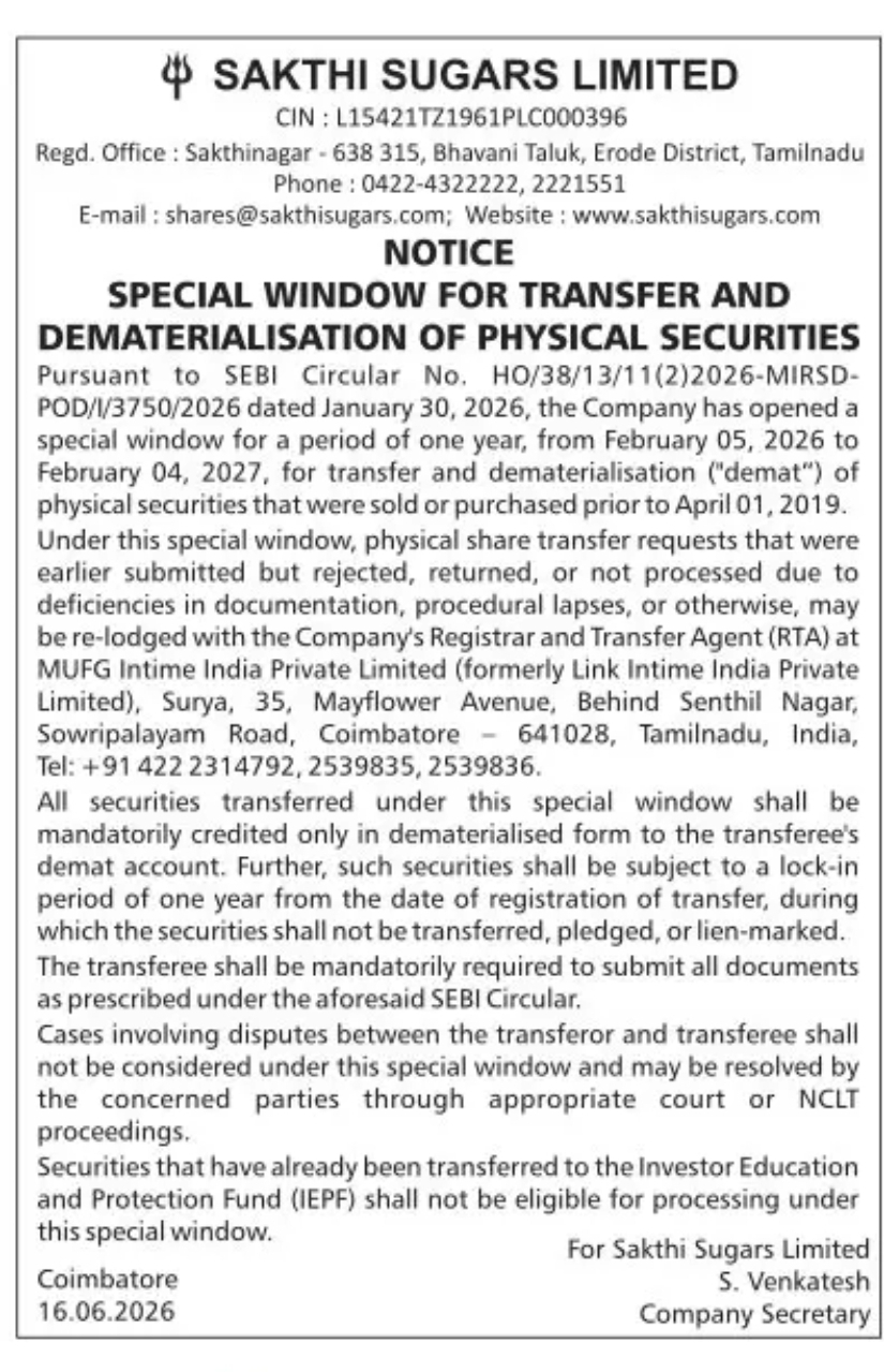 SPECIAL WINDOW FOR TRANSFER AND DEMATERIALISATION OF PHYSICAL SECURITIES