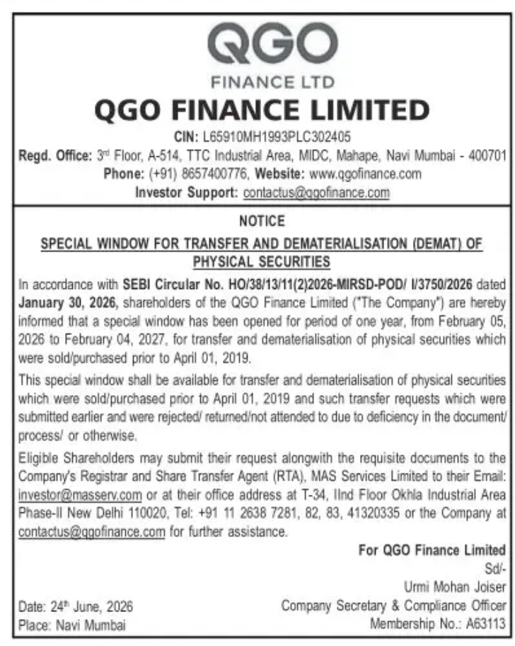 SPECIAL WINDOW FOR TRANSFER AND DEMATERIALISATION OF PHYSICAL SECURITIES
