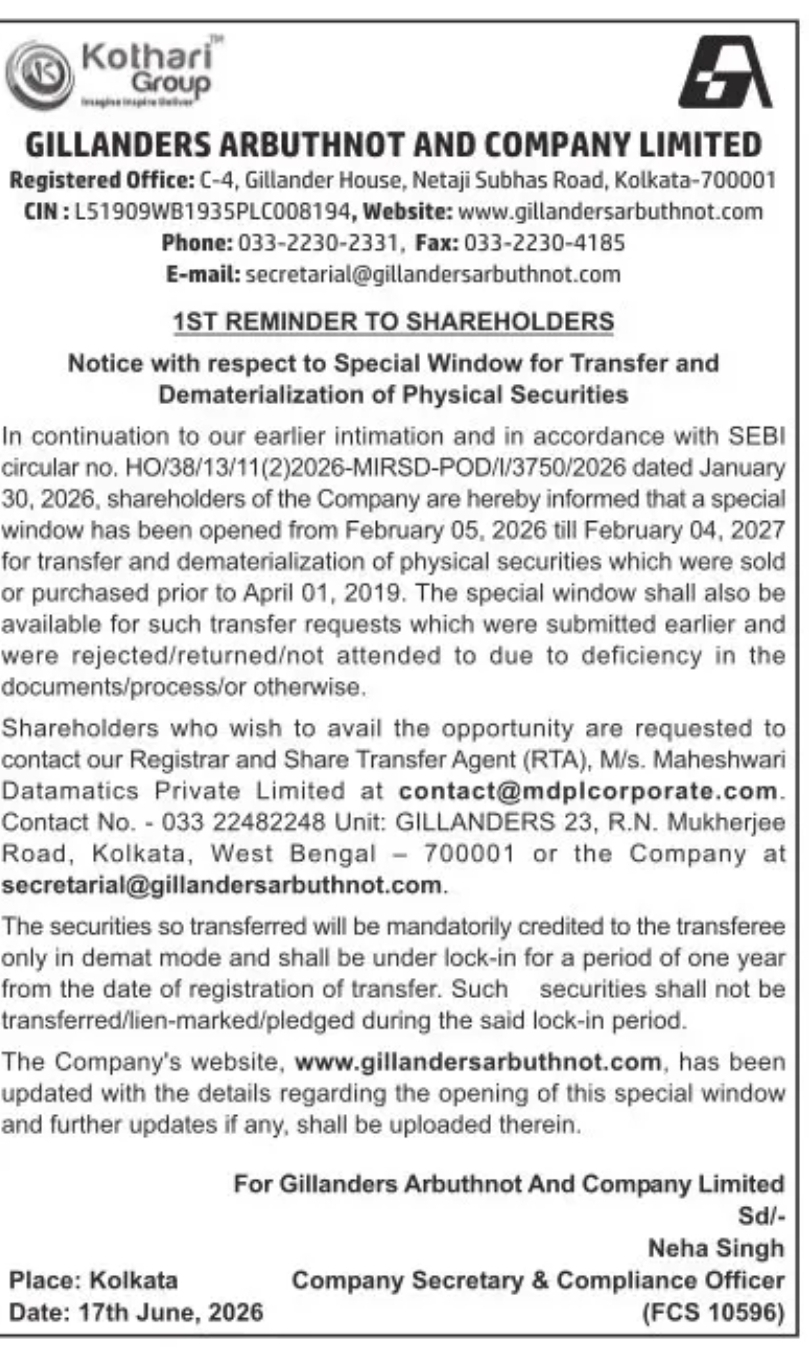 Special Window for Transfer and Dematerialization of Physical Securities – 1st Reminder (Gillanders Arbuthnot and Company Limited, Kolkata)