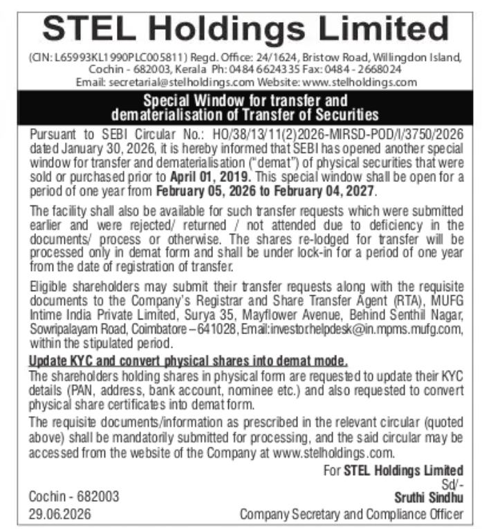 SPECIAL WINDOW FOR TRANSFER & DEMATERIALISATION OF SECURITIES – STEL HOLDINGS LIMITED