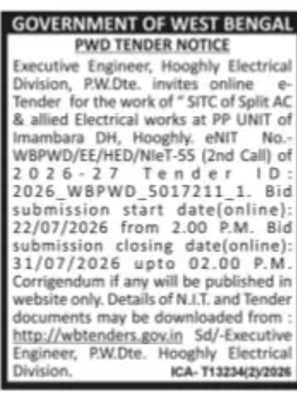 Split AC Installation Tender – Imambara District Hospital (PP Unit)