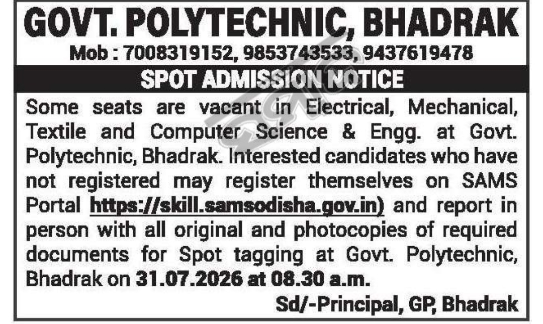 Spot Admission Notice – Government Polytechnic, Bhadrak