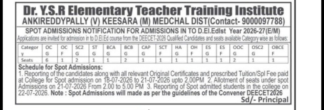 Spot Admissions for D.El.Ed 1st Year 2026-27 – Dr. Y.S.R Elementary Teacher Training Institute